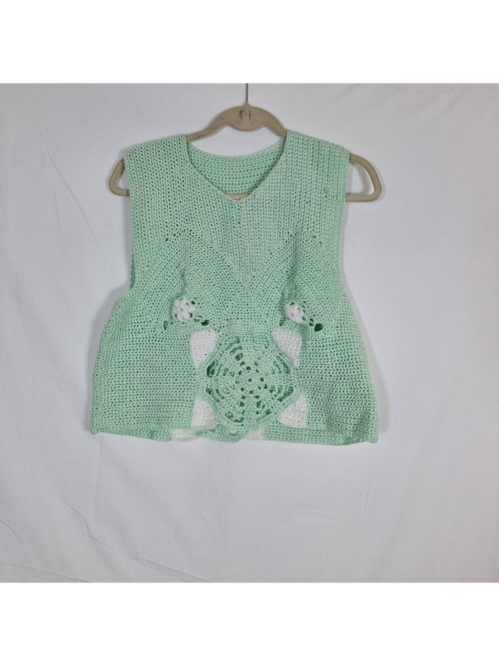 Vintage Green White Knit Sleeveless Sweater